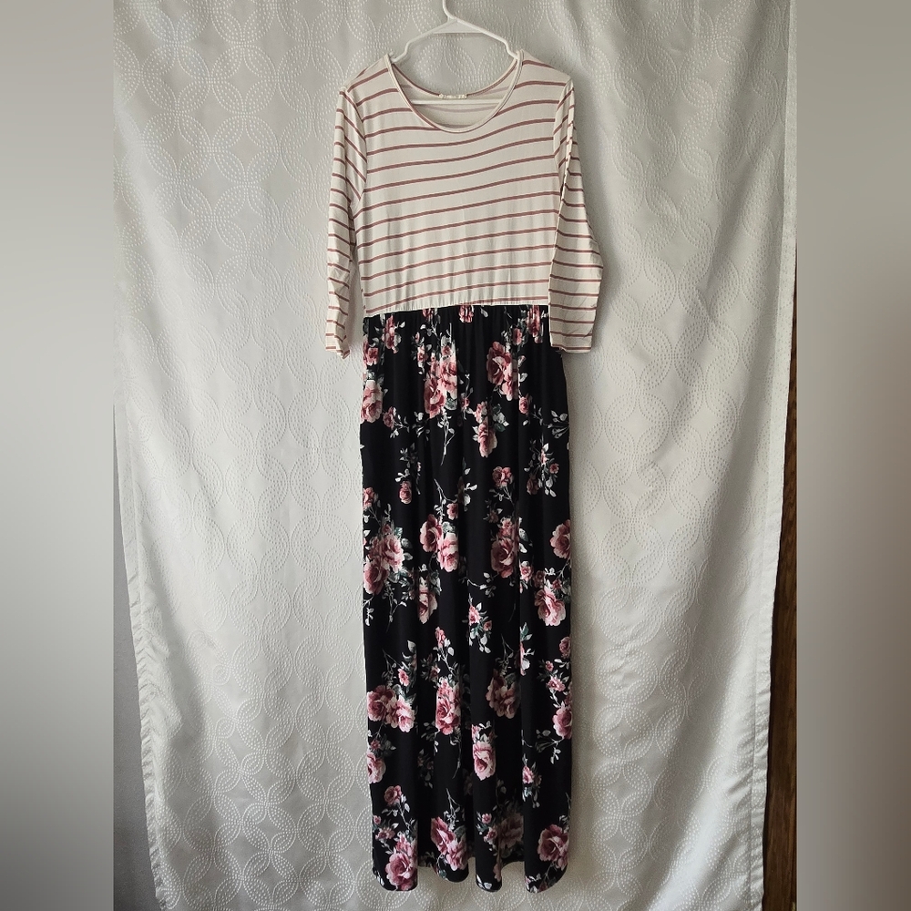 Reborn J black and pink floral maxi dress floral maxidress Sz L W Pockets